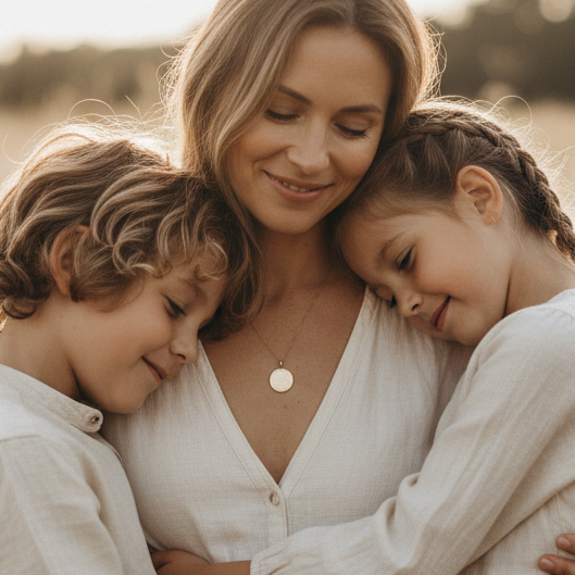 Mutter, die zwei Kinder links und rechts umarmt. Ein Bub und ein Mächen. Die Mutter trägt eine goldene Kette mit rundem Anhänger. Das Bild ist friedlich, harmonisch und in beigen und hellen Farben.